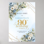 ダスティブルーの豪華な花とユーカリ ゴールド 90歳の誕生日 ポスター (正面)