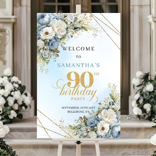 ダスティブルーの豪華な花とユーカリ ゴールド 90歳の誕生日 ポスター