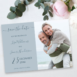ダスティブルーの2トーン おふたりの写真入り Save the Date 招待状