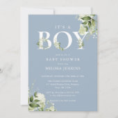 ダスティブルーの「It's A Boy」グリーン写真ベビーシャワー 招待状 (正面)