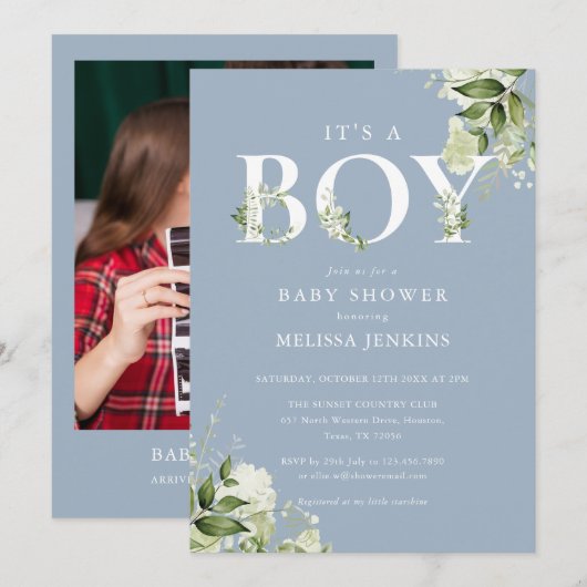ダスティブルーの「It's A Boy」グリーン写真ベビーシャワー 招待状 (正面/裏面)