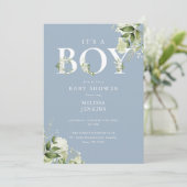 ダスティブルーの「It's A Boy」グリーンQRコードベビーシャワー 招待状 (スタンド正面)