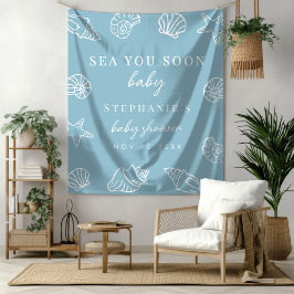 ダスティブルーの「Sea You Soon」ベビーシャワーバックドロップ タペストリー