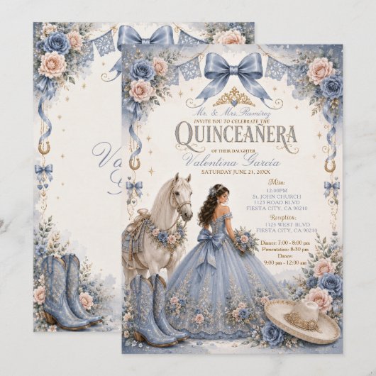 ダスティブルーのCharra Quinceañera招待状 招待状 (正面/裏面)