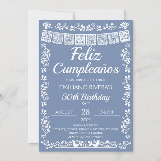 ダスティブルーのFeliz Cumpleaños 50歳の誕生日 招待状 (正面)