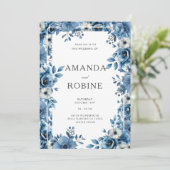 ダスティブルーはっきりしたフローラ結婚式招待状 招待状 (スタンド正面)