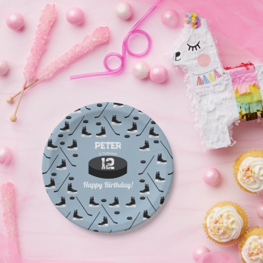 ダスティブルーアイスホッケースティック、スケートパック誕生日 ペーパープレート (パーティー)