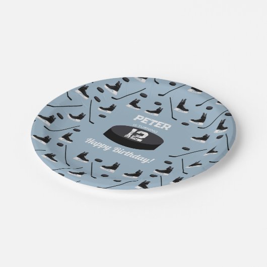ダスティブルーアイスホッケースティック、スケートパック誕生日 ペーパープレート (アングル)