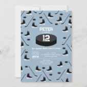 ダスティブルーアイスホッケースティック、スケートパック誕生日 招待状 (正面)