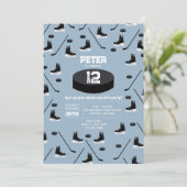 ダスティブルーアイスホッケースティック、スケートパック誕生日 招待状 (スタンド正面)