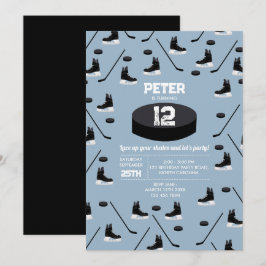 ダスティブルーアイスホッケースティック、スケートパック誕生日 招待状
