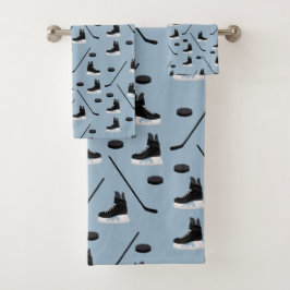 ダスティブルーアイスホッケースティック、スケート&パックパターン バスタオルセット