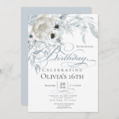 ダスティブルーアイボリーウォーターカラー牡丹誕生日 招待状 (正面/裏面)