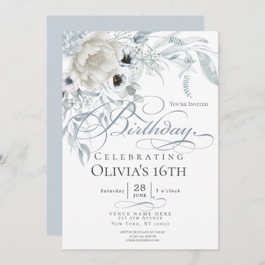 ダスティブルーアイボリーウォーターカラー牡丹誕生日 招待状 (正面/裏面)