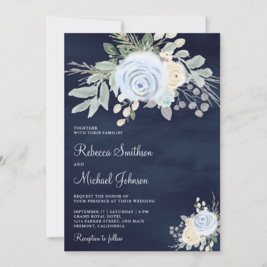 ダスティブルーアイボリーフローラオールインワンネイビー結婚ズ 招待状 (正面)
