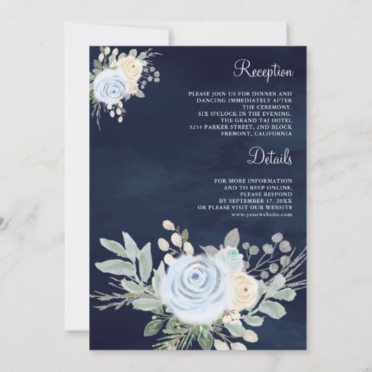 ダスティブルーアイボリーフローラオールインワンネイビー結婚ズ 招待状 (裏面)