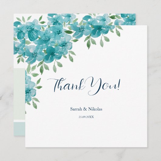 ダスティブルーアエレガントントミントフローラウォーターカラーアート サンキューカード (正面/裏面)