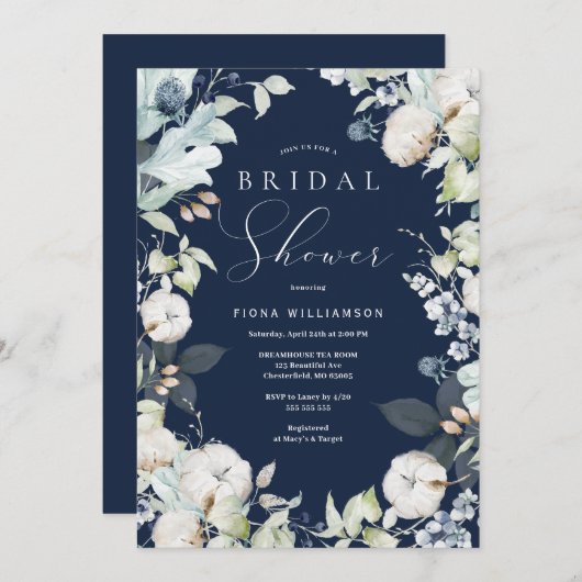 ダスティブルーアンドネイビーフローラブライダルシャワー 招待状 (正面/裏面)