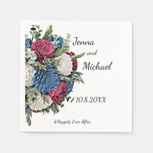 ダスティブルーアンドバーガンディフローラナプキン スタンダードカクテルナプキン (正面)