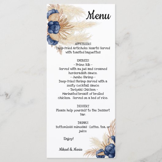 ダスティブルーアンドパンパスフローラブライダルシャワーメニュー メニュー (正面)