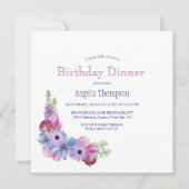 ダスティブルーアンドピンクフローラ誕生日ディナーパーティー 招待状 (正面)