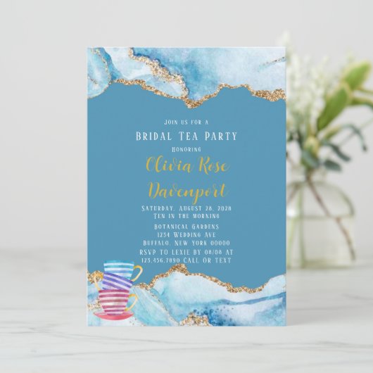 ダスティブルーアンド金ゴールドアゲートブライダルティーパーティー 招待状 (スタンド正面)