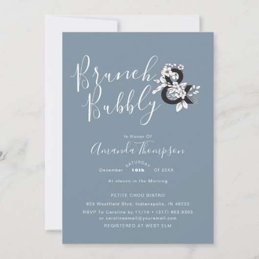 ダスティブルーアンパサンドエレガントフローラブライダルシャワー 招待状 (正面)