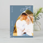 ダスティブルーアーチフォイルリーフ日付カードを保存 箔招待状 (立ち正面)