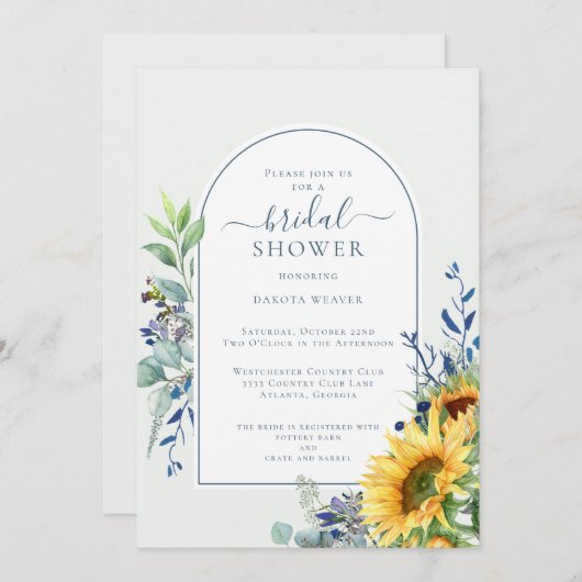 ダスティブルーイエローサンフラワーブライダルシャワー 招待状 (正面/裏面)