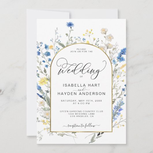 ダスティブルーイエローディンティフローラボタニカル結婚ズ 招待状 (正面)