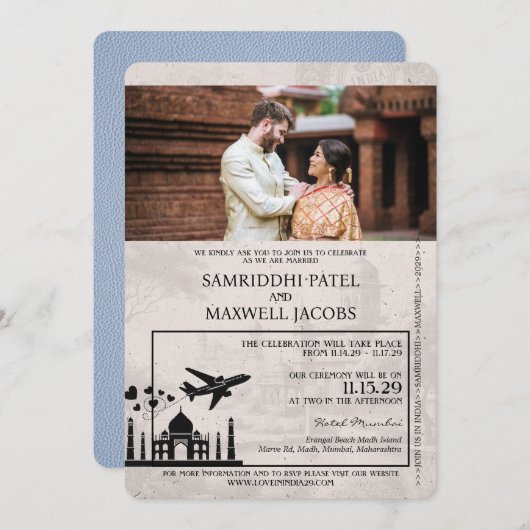 ダスティブルーインディアパスポート結婚式招待状 招待状 (正面/裏面)