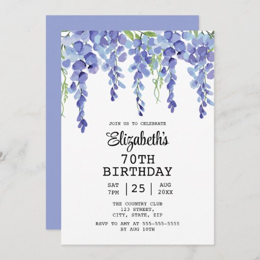 ダスティブルーウィステリアフローラグリーンリー70誕生日 招待状 (正面/裏面)