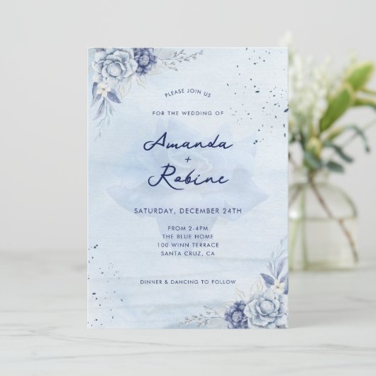 ダスティブルーウィンターフローラ結婚式招待状 招待状 (スタンド正面)