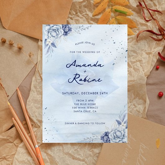 ダスティブルーウィンターフローラ結婚式招待状 招待状