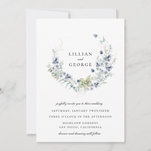 ダスティブルーウィンターボタニカルリース結婚ズ 招待状 (正面)