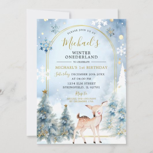 ダスティブルーウィンターワンダーランドフォレスト1st誕生日 招待状 (正面)