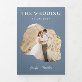 ダスティブルーウェディングRSVP詳細QRコード写真 三つ折り招待状