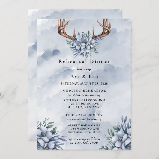 ダスティブルーウォーターカラーディアアントラーリハーサルディナー 招待状 (正面/裏面)