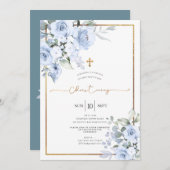 ダスティブルーウォーターカラーバラ《キリスト教》洗礼式や命名式 招待状 (正面/裏面)