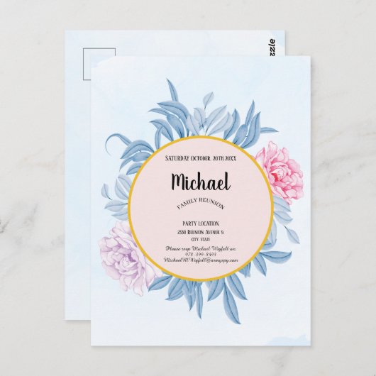 ダスティブルーウォーターカラーファミリー懇親会セーブザ日付 ポストカード (正面/裏面)