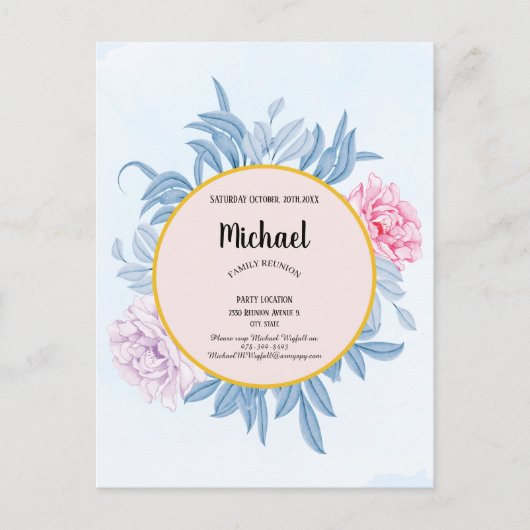 ダスティブルーウォーターカラーファミリー懇親会セーブザ日付 ポストカード (正面)