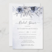 ダスティブルーウォーターカラーフローラエレガントブライダルシャワー 招待状 (正面)