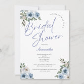 ダスティブルーウォーターカラーフローラエレガントブライダルシャワー 招待状 (正面)