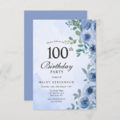 ダスティブルーウォーターカラーフローラシック100th誕生日 招待状 (正面/裏面)
