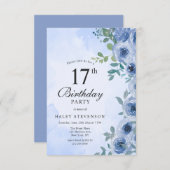 ダスティブルーウォーターカラーフローラシック17th誕生日 招待状 (正面/裏面)