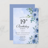 ダスティブルーウォーターカラーフローラシック19誕生日 招待状 (正面/裏面)