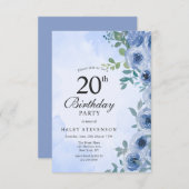 ダスティブルーウォーターカラーフローラシック20th誕生日 招待状 (正面/裏面)