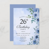 ダスティブルーウォーターカラーフローラシック26th誕生日 招待状 (正面/裏面)