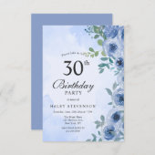 ダスティブルーウォーターカラーフローラシック30th誕生日 招待状 (正面/裏面)