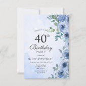ダスティブルーウォーターカラーフローラシック40th誕生日 招待状 (正面)